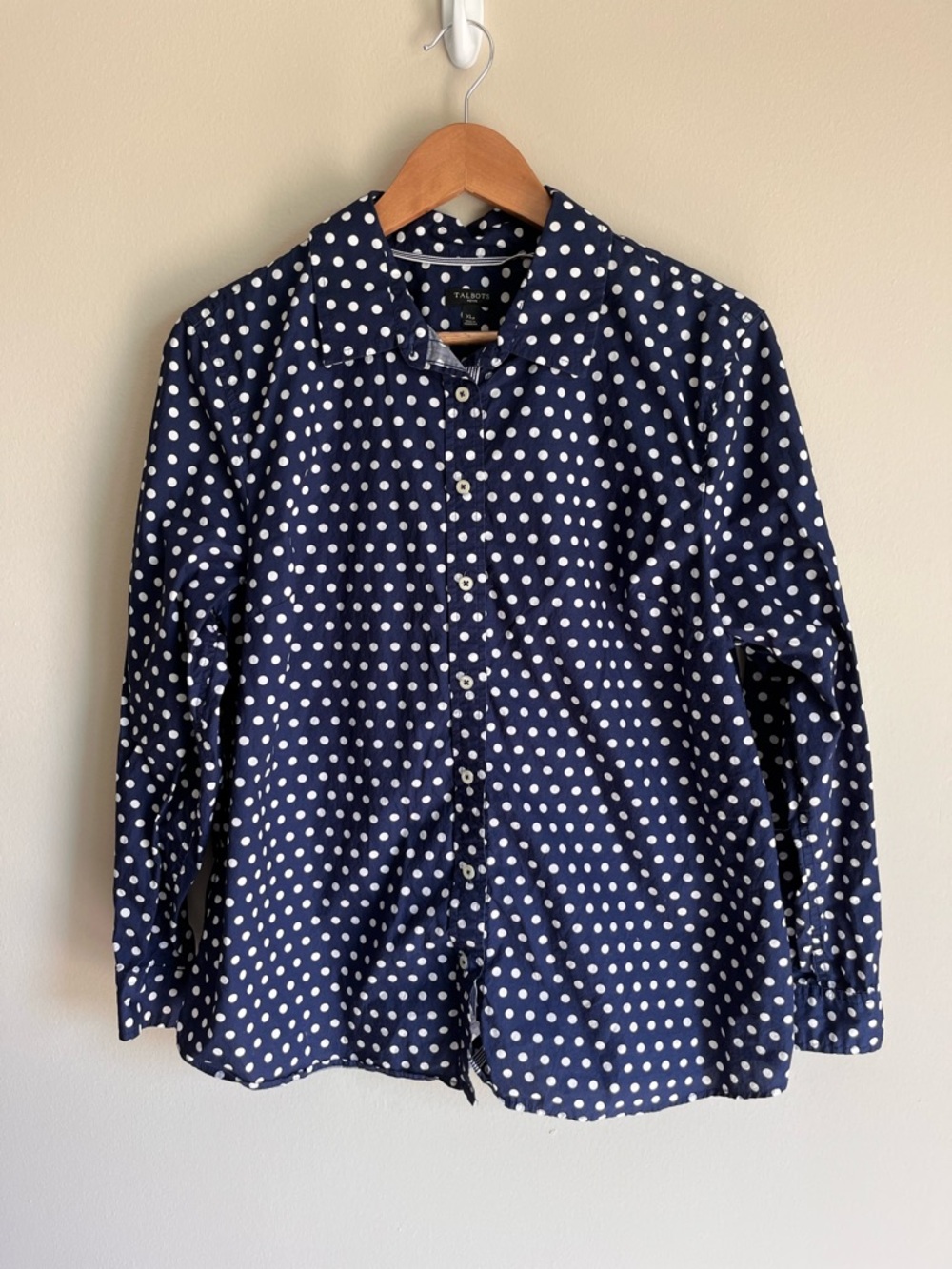 Talbots Women's Navy and White Polkadot Button Front Blouse Shirt Size XLP